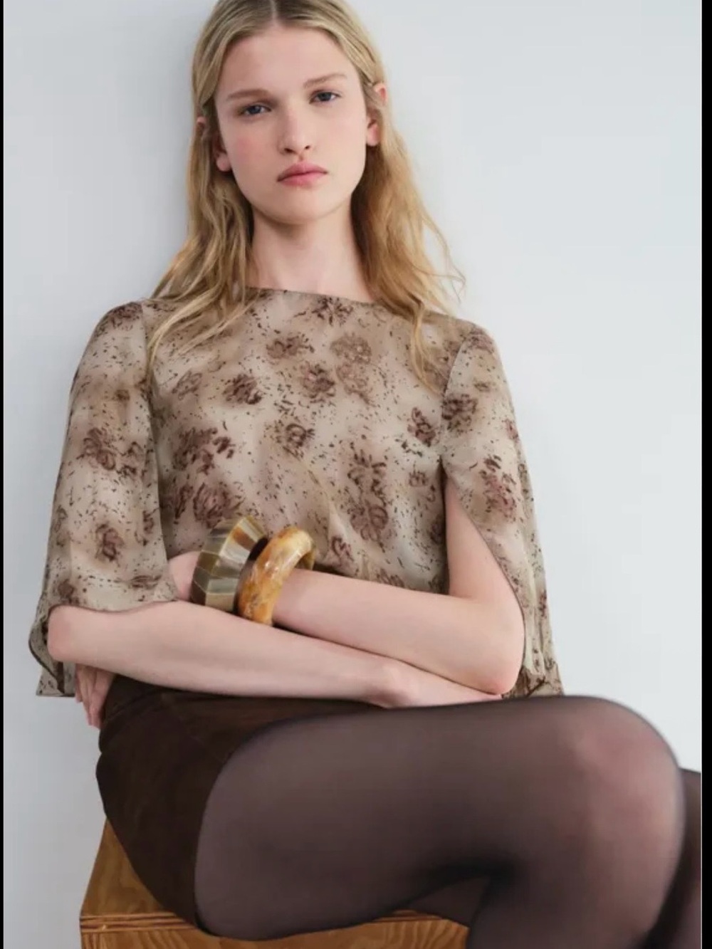 Zara Sheer Floral Split-Sleeve Blouse in Beige
